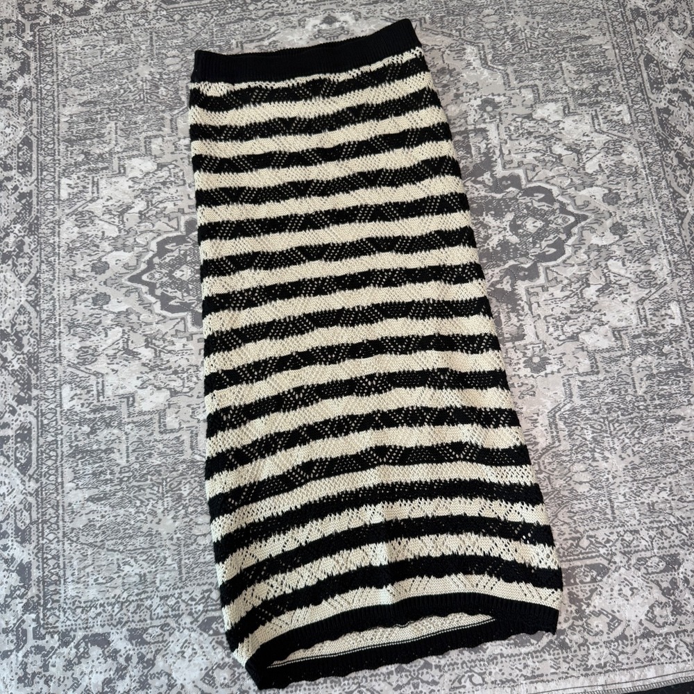 Freshman 1996 Striped Crochet Maxi Skirt Large Black Cream Boho 5T513854X